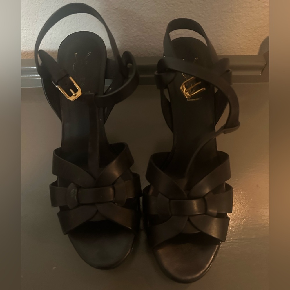 YSL Saint Laurent Black Leather Tribute Platform Sandals Size 38